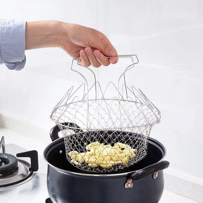 image-Stainless Steel Deep-fried Large Noodle Kitchen French Fries Tools Drain Basket Household Leak Net Spoon Folding Filter