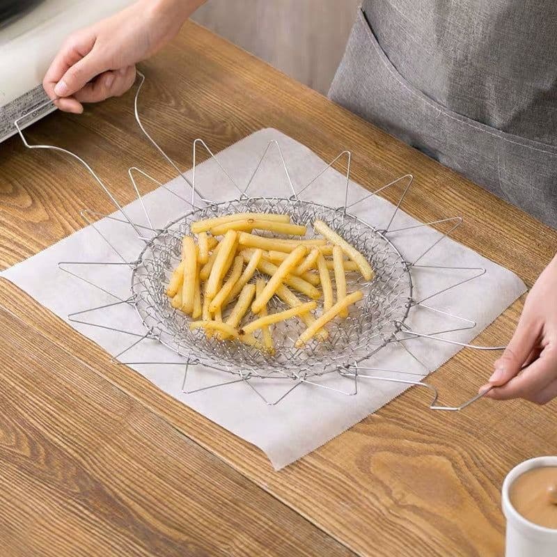 image-Stainless Steel Deep-fried Large Noodle Kitchen French Fries Tools Drain Basket Household Leak Net Spoon Folding Filter