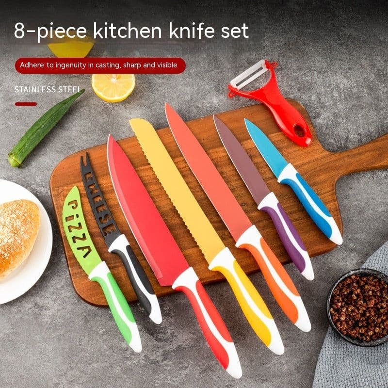 image-Stainless Steel 8-piece Knife Set Kitchen Household Macaron Color Gift Set Multi-purpose Knife