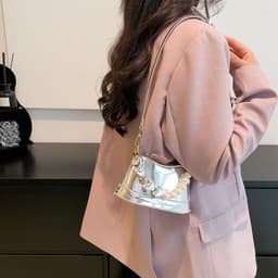 image-Women's Fashion All-match High Sense Pearl Chain Shoulder Cross Body Bucket Bag