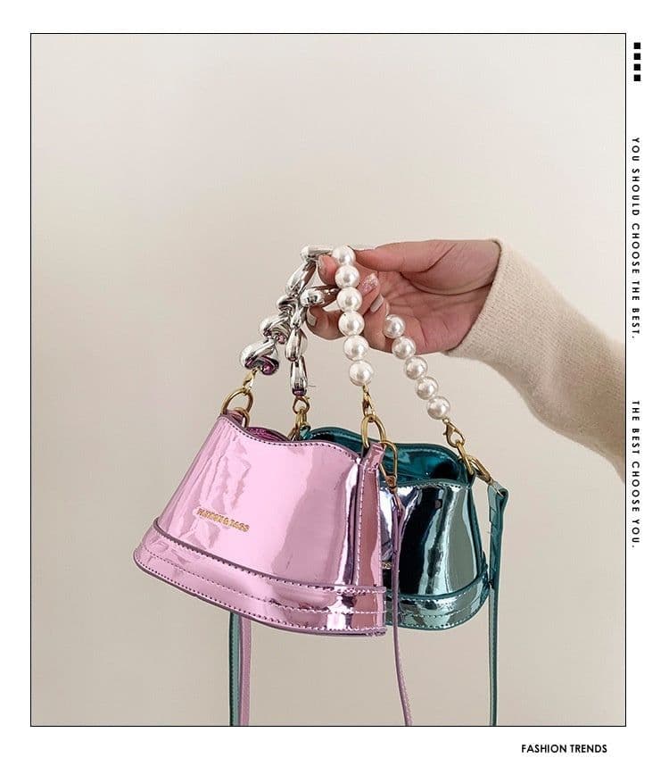 image-Women's Fashion All-match High Sense Pearl Chain Shoulder Cross Body Bucket Bag