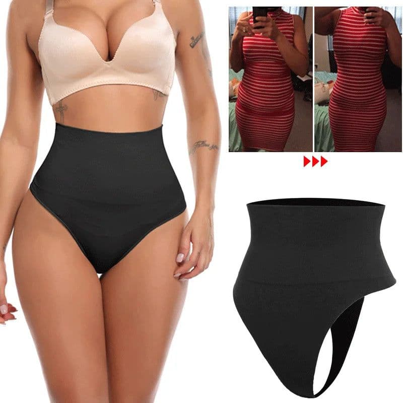 image-Mid Waist Seamless T-back Belly Striped Briefs High Elastic Plus Fishbone Thin Women's Underwear