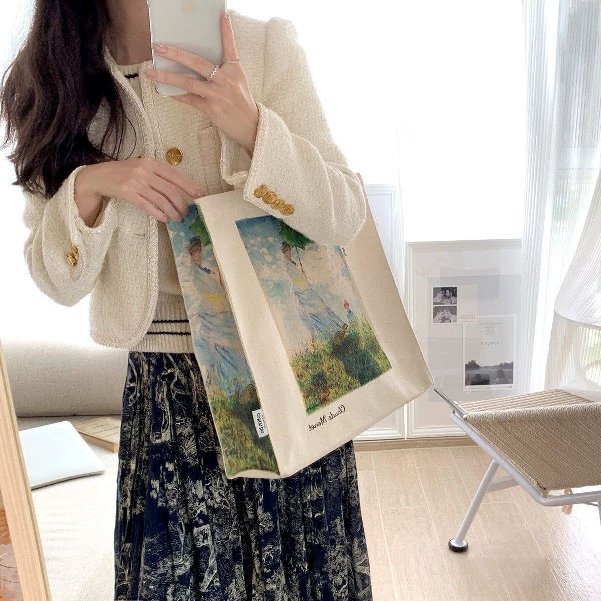 image-Oil Painting Zip Canvas Shoulder Bag