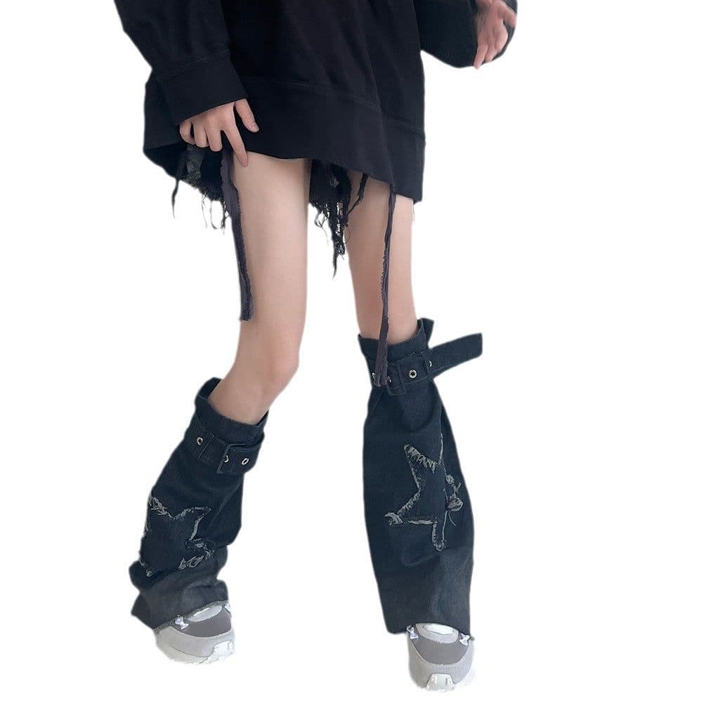 image-Hot Girl Design Denim Washed Horn Leg Warmer Foot Sock Slimming