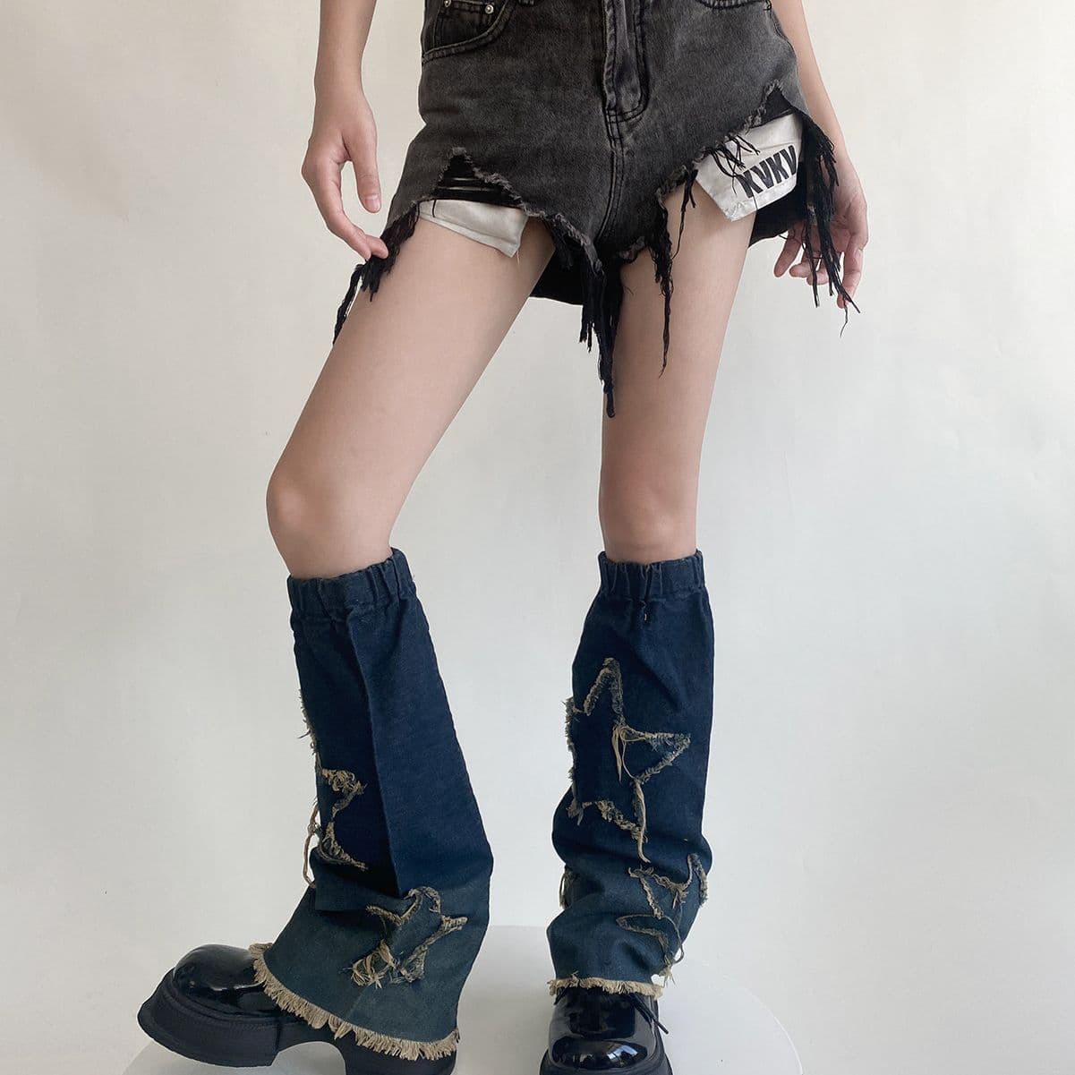 image-Hot Girl Design Denim Washed Horn Leg Warmer Foot Sock Slimming