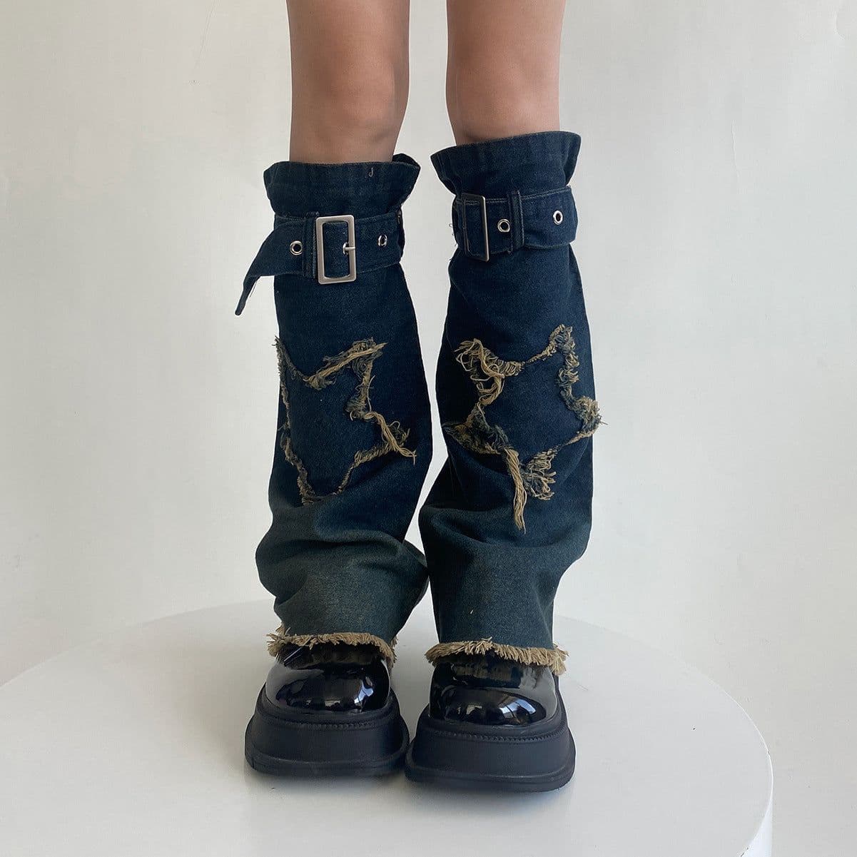 image-Hot Girl Design Denim Washed Horn Leg Warmer Foot Sock Slimming