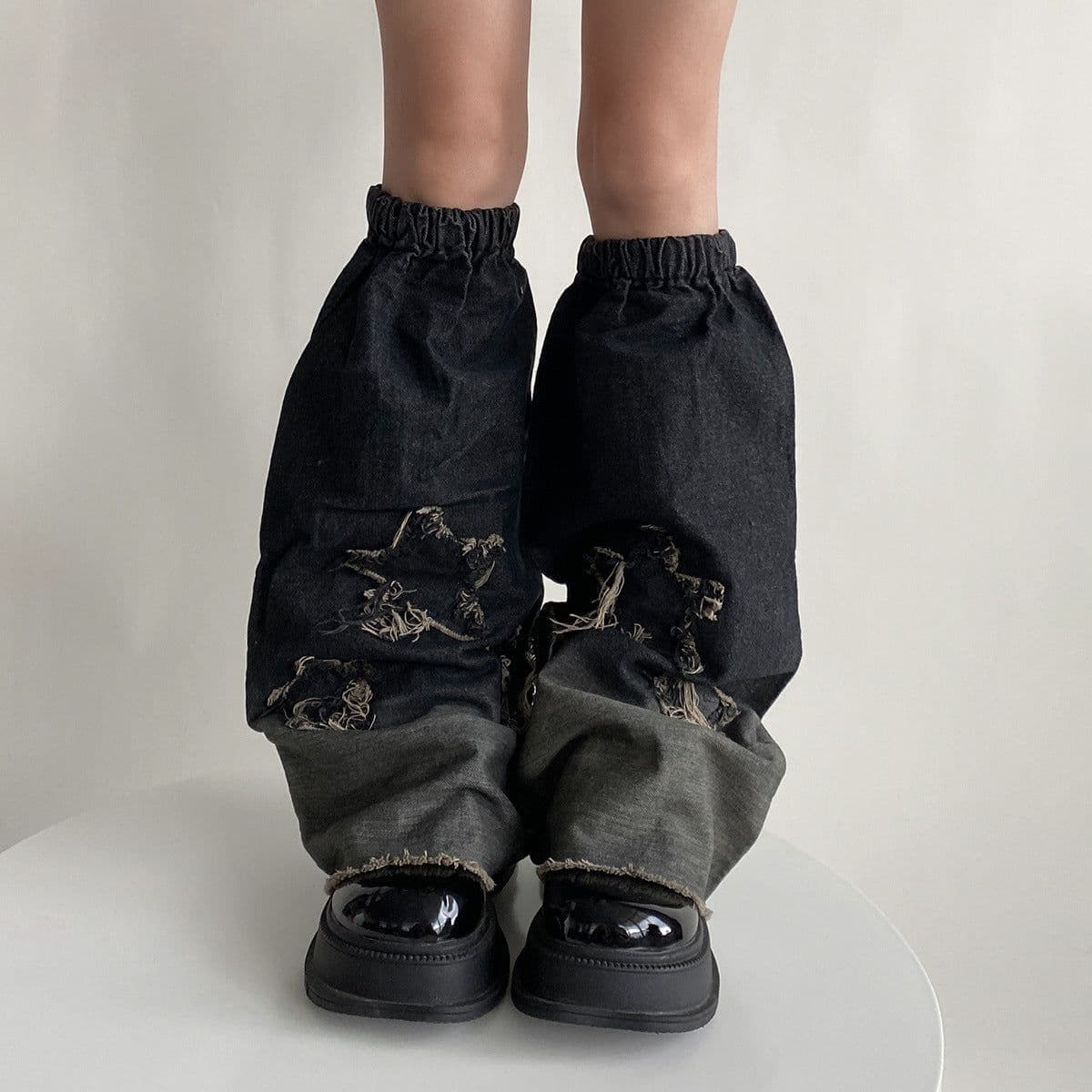 image-Hot Girl Design Denim Washed Horn Leg Warmer Foot Sock Slimming