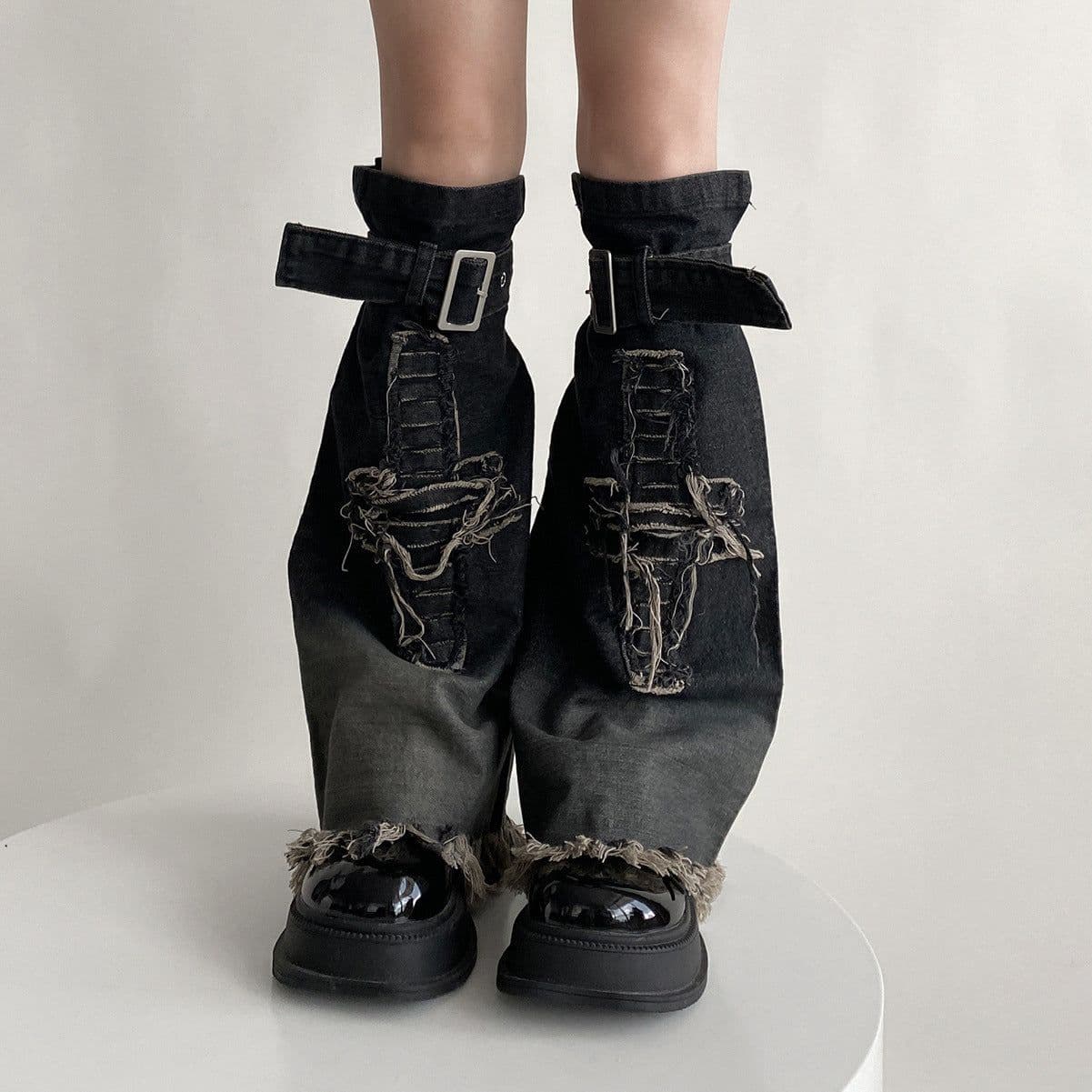 image-Hot Girl Design Denim Washed Horn Leg Warmer Foot Sock Slimming
