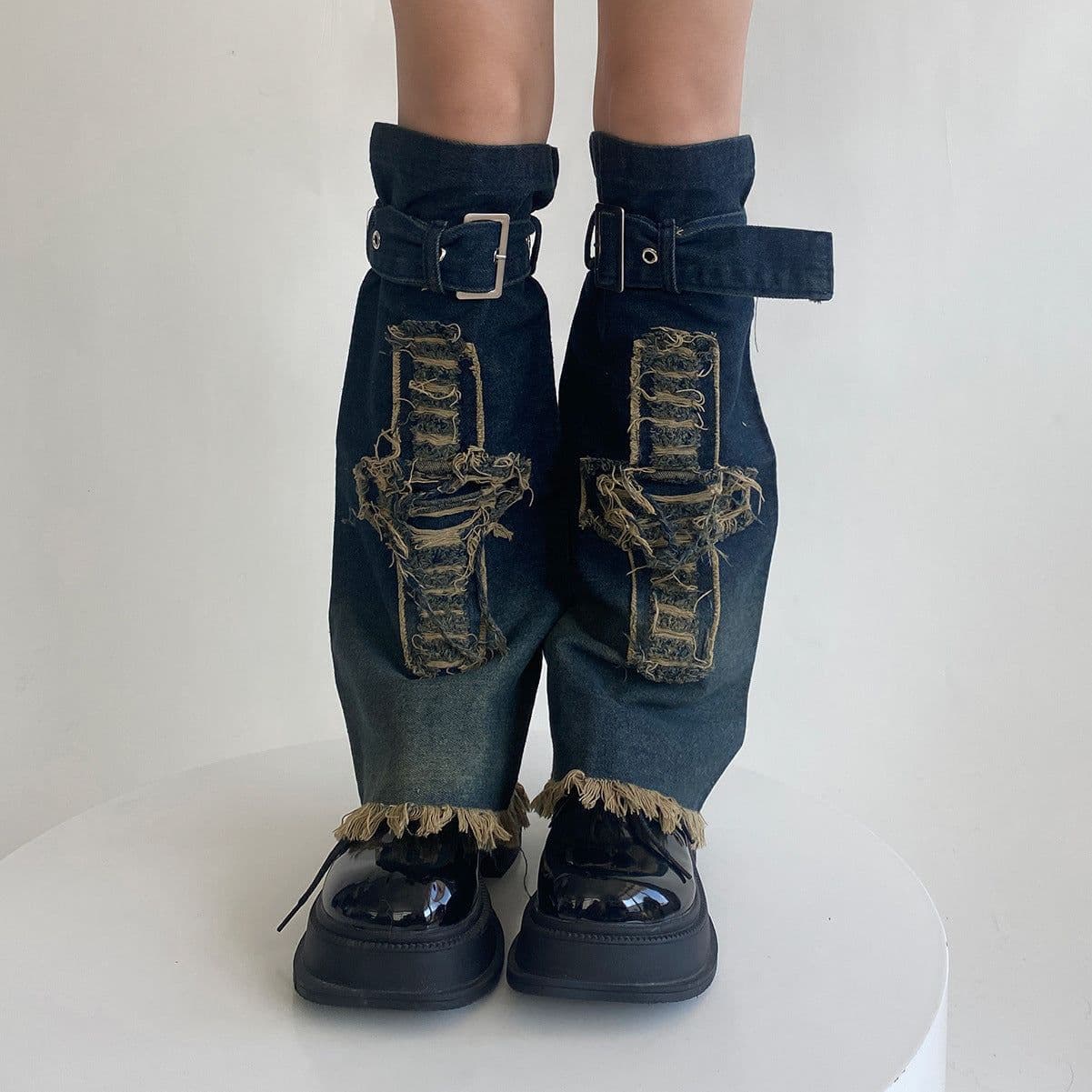 image-Hot Girl Design Denim Washed Horn Leg Warmer Foot Sock Slimming