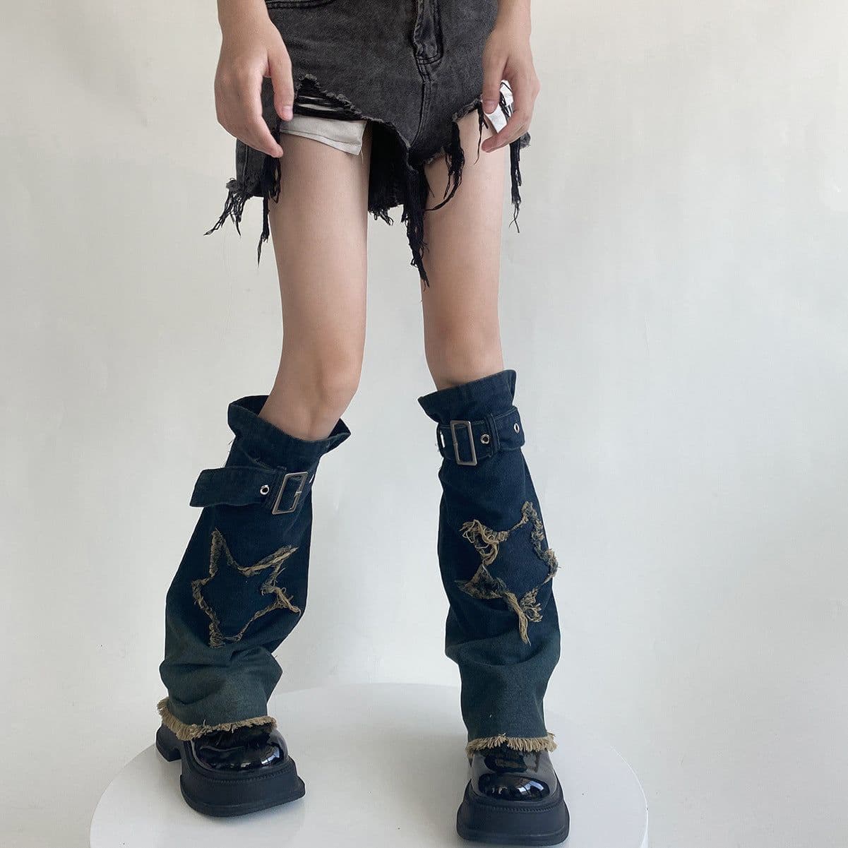 image-Hot Girl Design Denim Washed Horn Leg Warmer Foot Sock Slimming