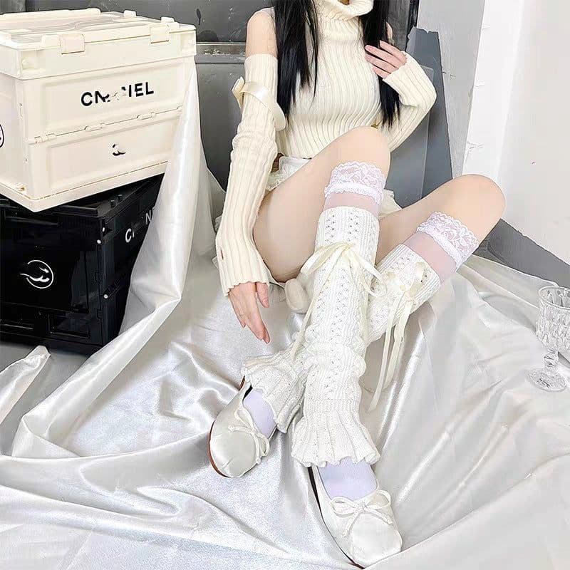 image-Leg Warmer Lolita Bow Hollow Out Pile Style Foot Sock