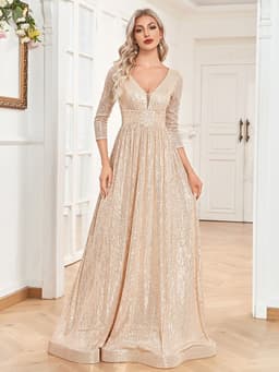 image-Sequined Fall V-neck High Waist Party Formal Dress