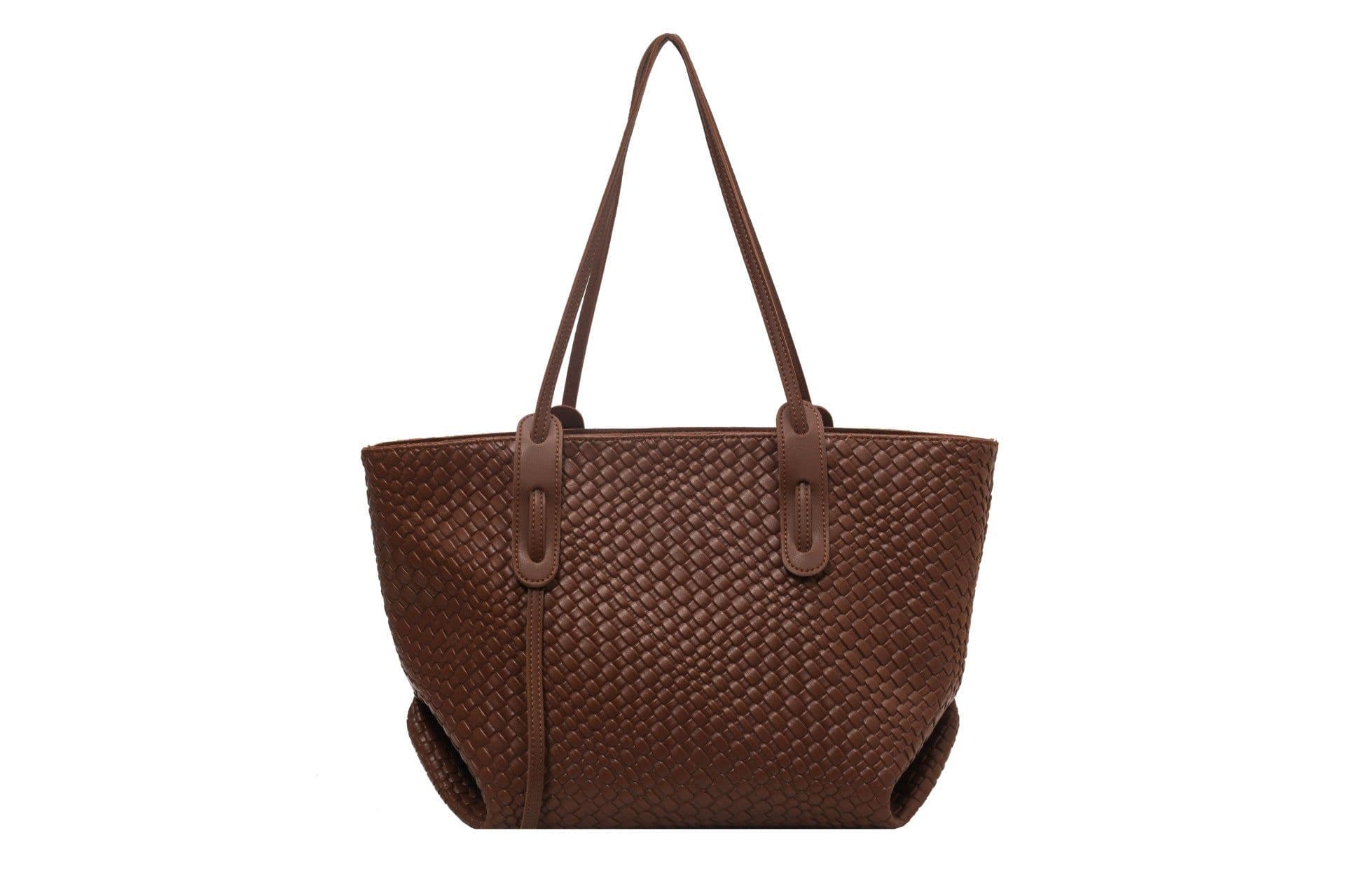 image-Large Capacity Woven Shouder Bgas Women Versatile Retro Textured Solid Color Totes