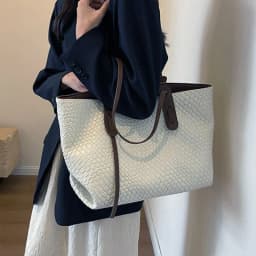 image-Large Capacity Woven Shouder Bgas Women Versatile Retro Textured Solid Color Totes