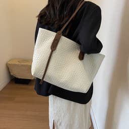 image-Large Capacity Woven Shouder Bgas Women Versatile Retro Textured Solid Color Totes