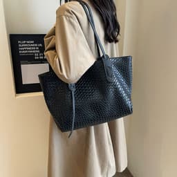 image-Large Capacity Woven Shouder Bgas Women Versatile Retro Textured Solid Color Totes