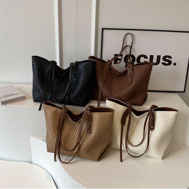 image-Large Capacity Woven Shouder Bgas Women Versatile Retro Textured Solid Color Totes