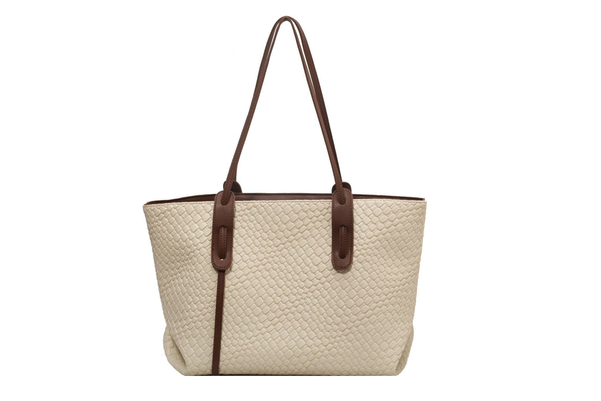 image-Large Capacity Woven Shouder Bgas Women Versatile Retro Textured Solid Color Totes