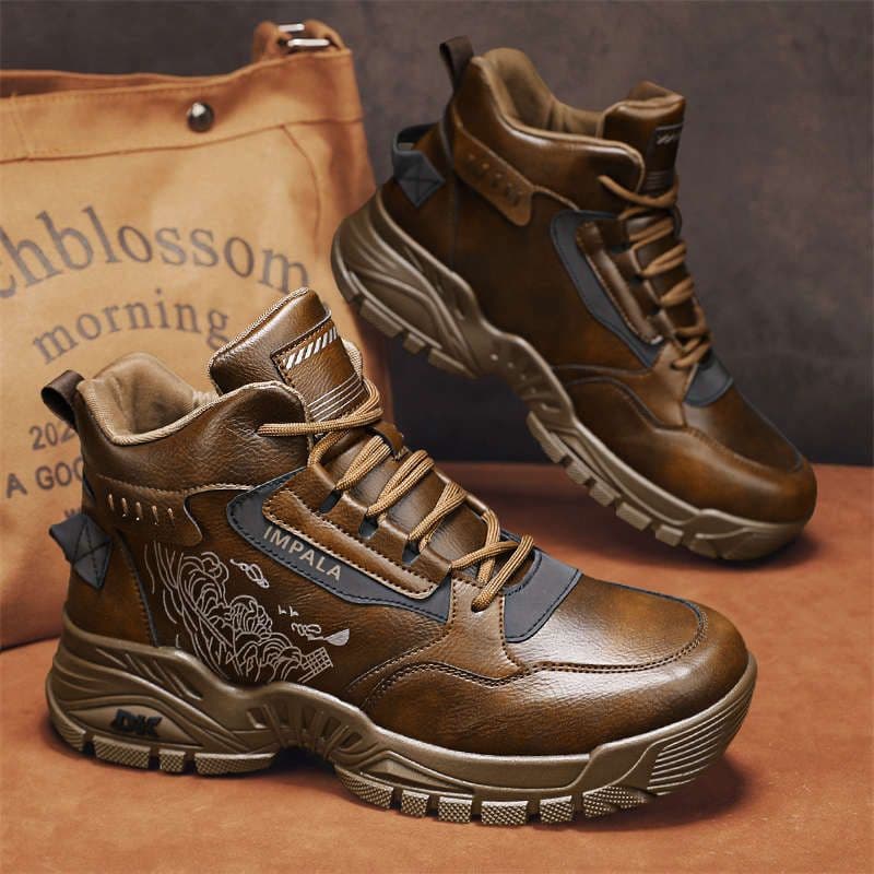 image-All-match Leather Facing Wear-resistant Labor Protection High-top Tide Shoes