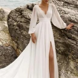 image-European And American High Waist Plus Size Deep V Long Sleeve Mopping Backless Wedding Dress High Slit