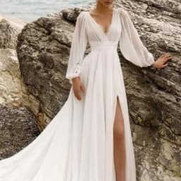 image-European And American High Waist Plus Size Deep V Long Sleeve Mopping Backless Wedding Dress High Slit