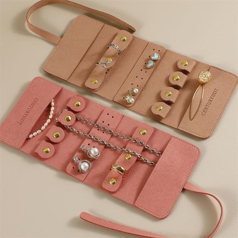 image-Portable And Versatile Small Jewelry Roll Earring Ring Ear Stud Necklace Watch Pouch