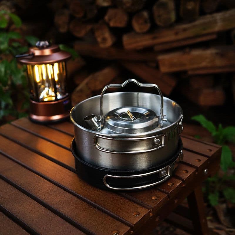 image-Outdoor Jacketed Kettle Camping Stainless Steel Pot 4-piece Kettle Frying Pan Stew-pan Self-driving Portable Picnic Suit