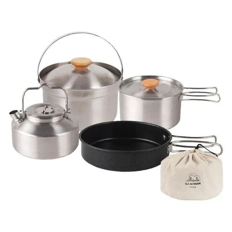 image-Outdoor Jacketed Kettle Camping Stainless Steel Pot 4-piece Kettle Frying Pan Stew-pan Self-driving Portable Picnic Suit