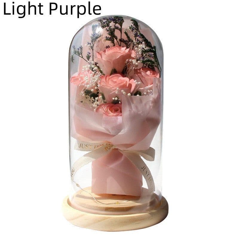image-Artificial Rose Dried Flowers Gypsophila Babysbreath Bouquet Glass Cover Ornaments LED Small Night Lamp Valentine's Day Gift