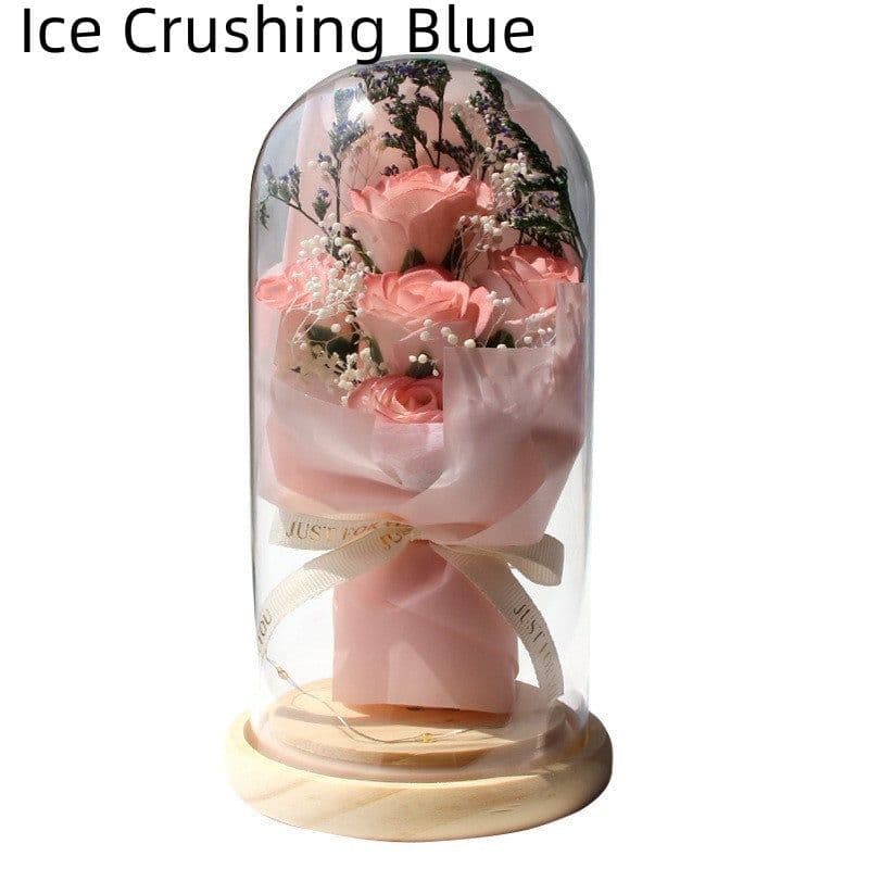 image-Artificial Rose Dried Flowers Gypsophila Babysbreath Bouquet Glass Cover Ornaments LED Small Night Lamp Valentine's Day Gift