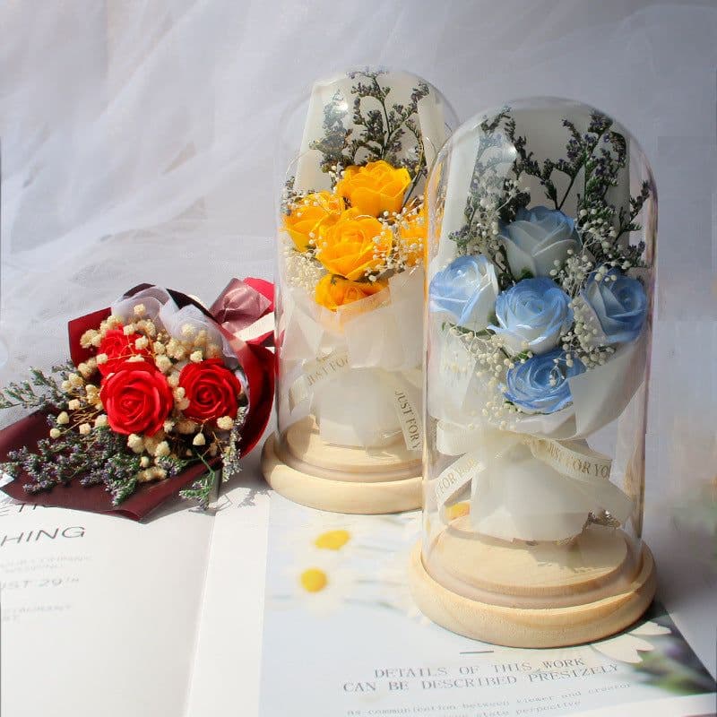 image-Artificial Rose Dried Flowers Gypsophila Babysbreath Bouquet Glass Cover Ornaments LED Small Night Lamp Valentine's Day Gift