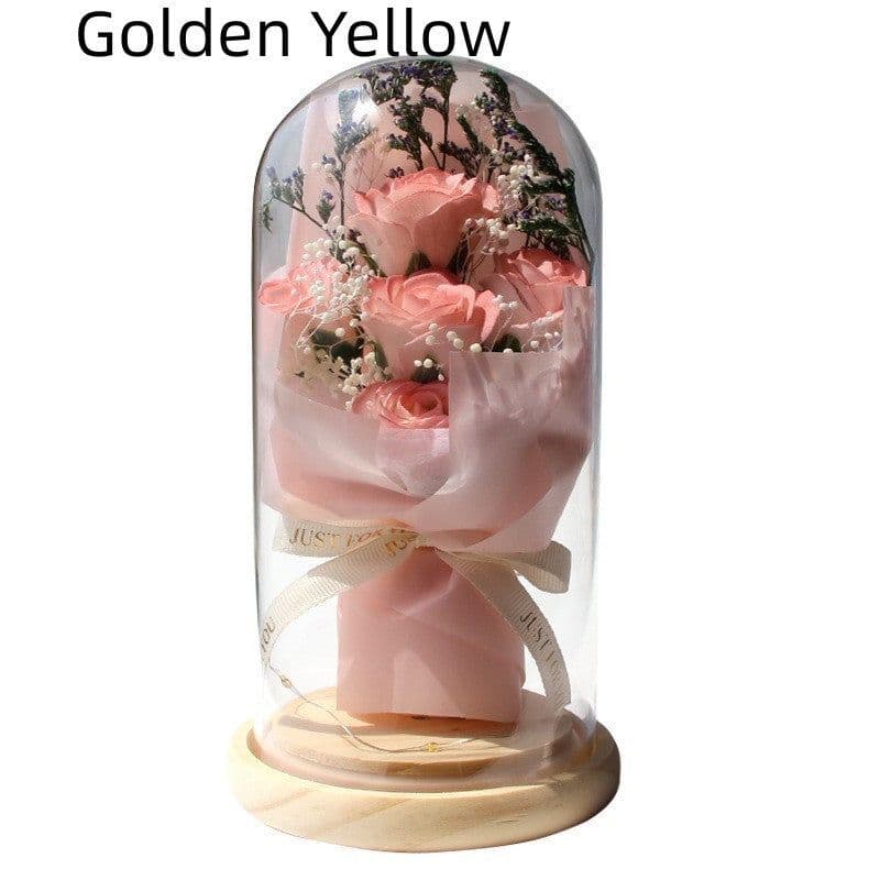 image-Artificial Rose Dried Flowers Gypsophila Babysbreath Bouquet Glass Cover Ornaments LED Small Night Lamp Valentine's Day Gift