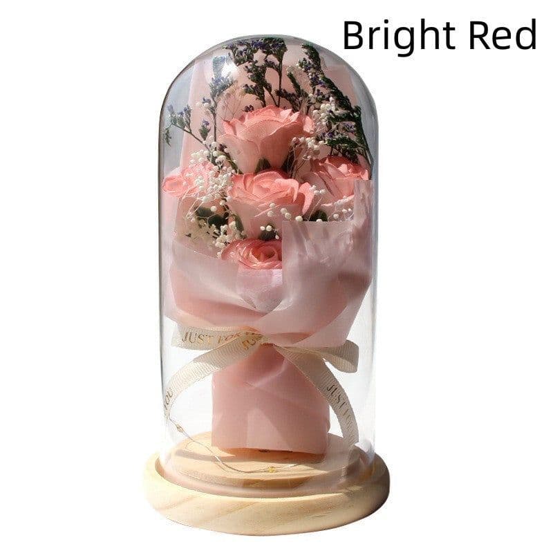 image-Artificial Rose Dried Flowers Gypsophila Babysbreath Bouquet Glass Cover Ornaments LED Small Night Lamp Valentine's Day Gift