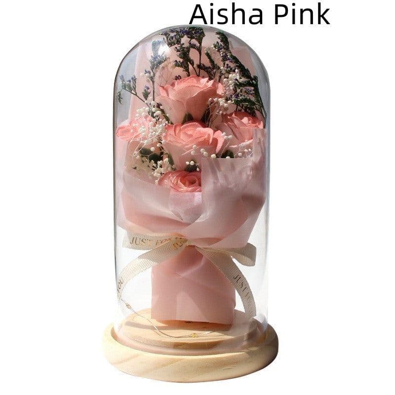 image-Artificial Rose Dried Flowers Gypsophila Babysbreath Bouquet Glass Cover Ornaments LED Small Night Lamp Valentine's Day Gift
