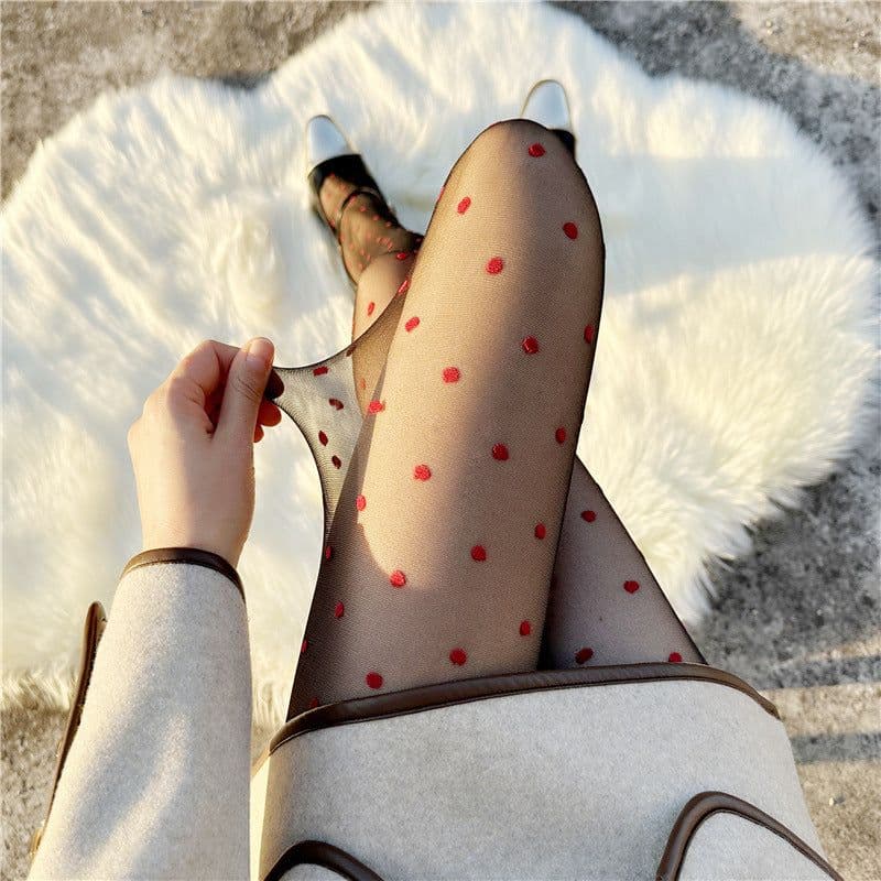 image-Red Small Love Stockings Ultra-thin Transparent Black Silk Polka Dot Pantyhose Anti-snagging
