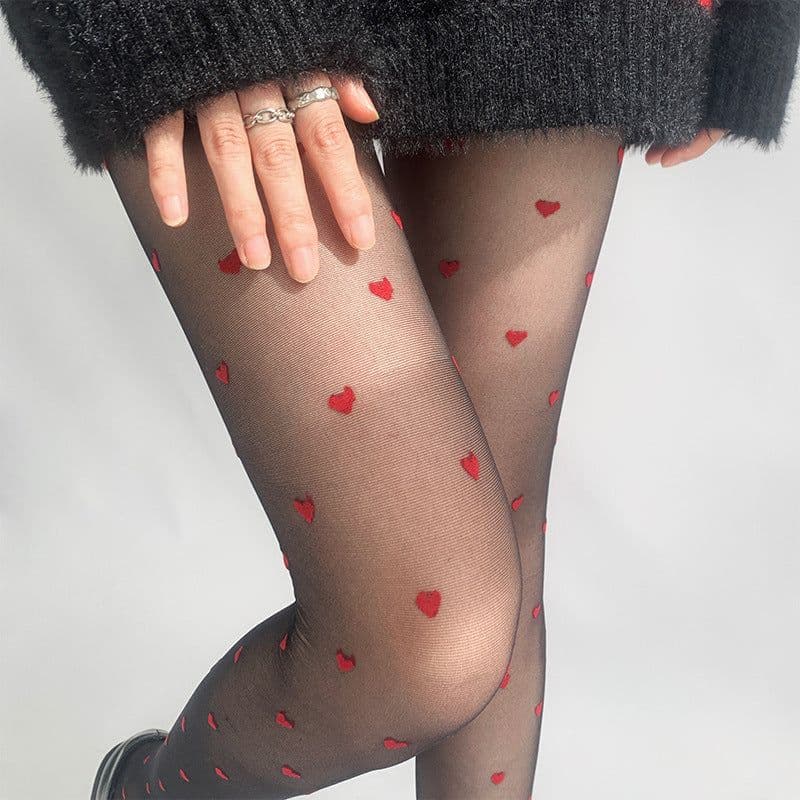 image-Red Small Love Stockings Ultra-thin Transparent Black Silk Polka Dot Pantyhose Anti-snagging