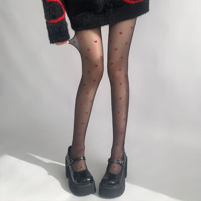 image-Red Small Love Stockings Ultra-thin Transparent Black Silk Polka Dot Pantyhose Anti-snagging