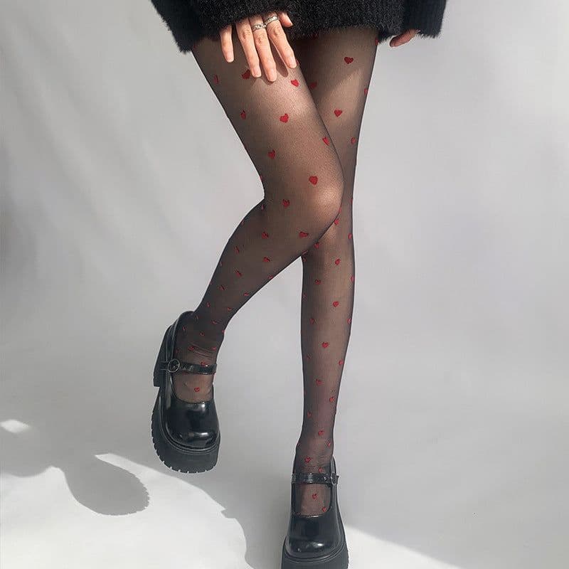 image-Red Small Love Stockings Ultra-thin Transparent Black Silk Polka Dot Pantyhose Anti-snagging