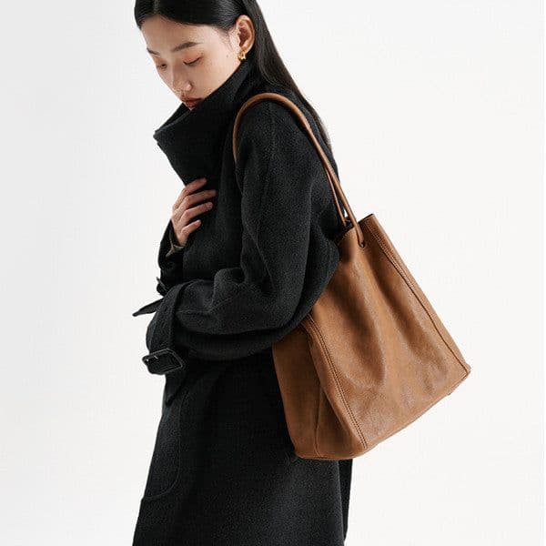 image-Soft Leather Bucket Bag Female Genuine Leather Crossbody