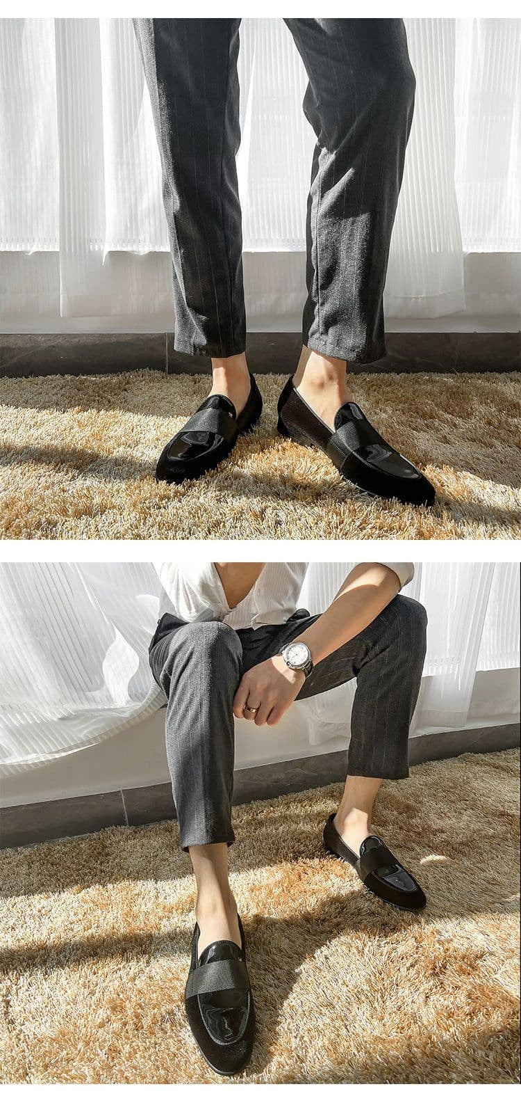 image-Velvet Patent Leather Korean Loafers Business Casual Leather Round Shoes