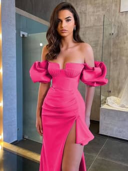 image-Women's Solid Color Lantern Sleeve Bandage Dress