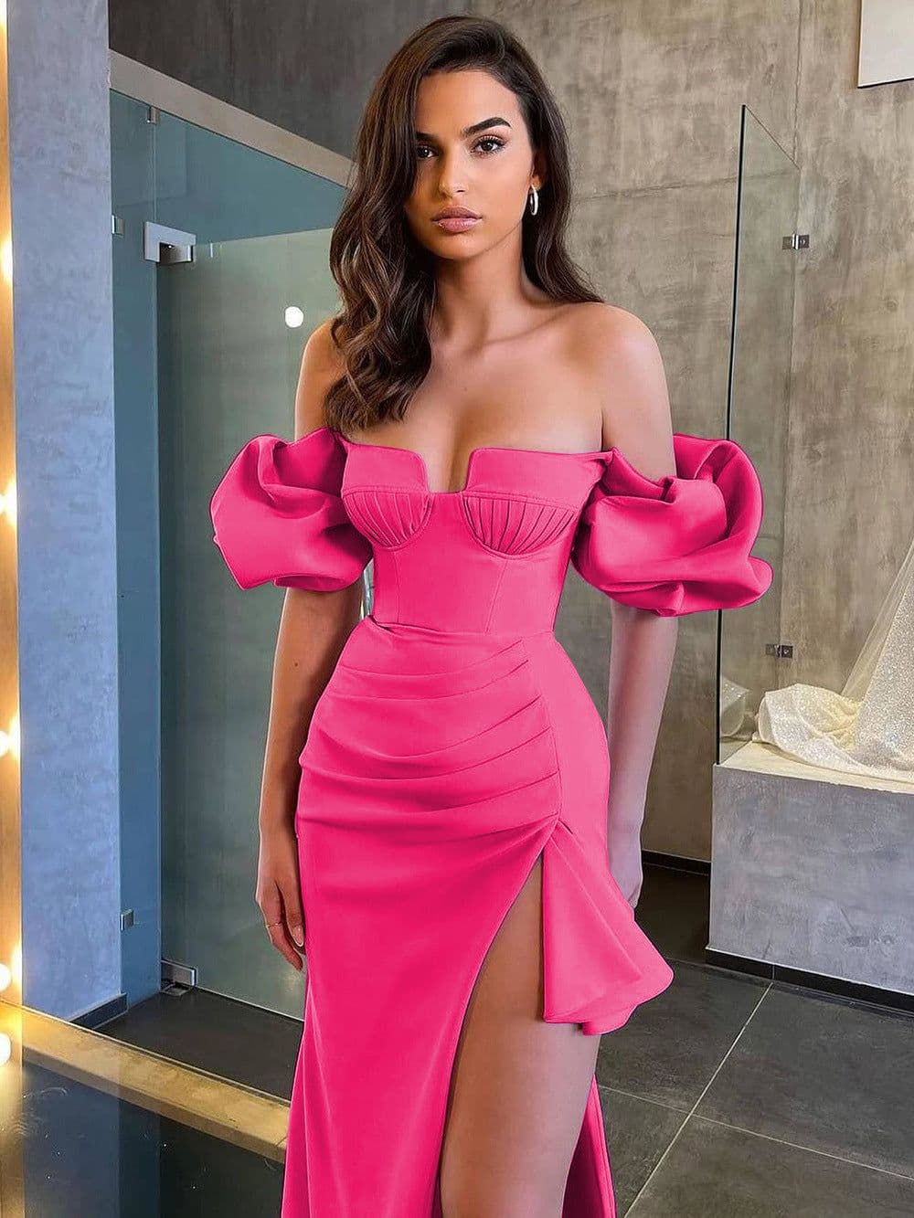 image-Women's Solid Color Lantern Sleeve Bandage Dress