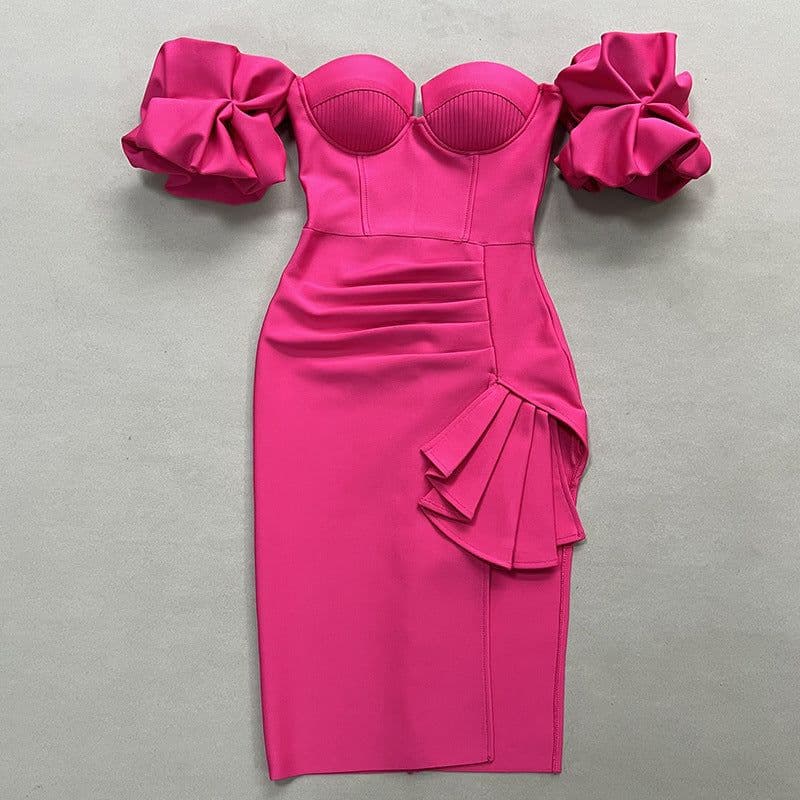 image-Women's Solid Color Lantern Sleeve Bandage Dress