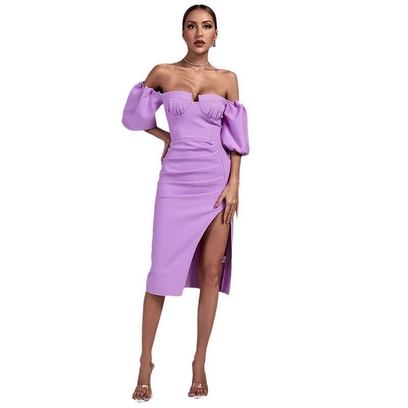 image-Women's Solid Color Lantern Sleeve Bandage Dress