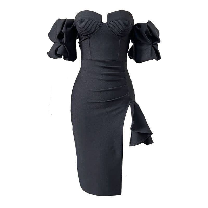 image-Women's Solid Color Lantern Sleeve Bandage Dress