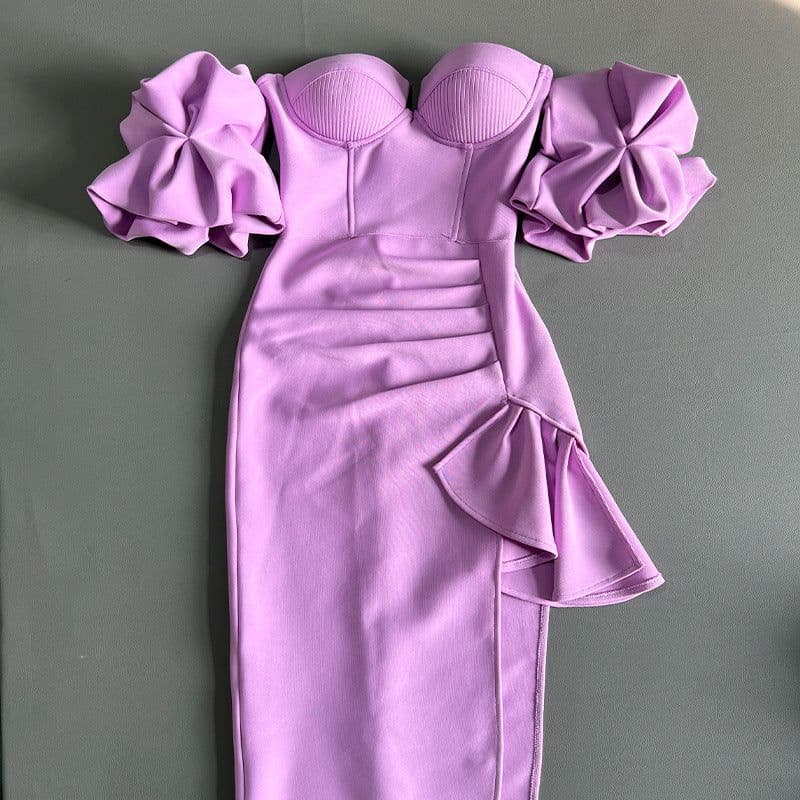 image-Women's Solid Color Lantern Sleeve Bandage Dress