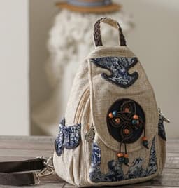 image-Retro Style Artistic Crafts Woven Pouch Leisure And Convenient Dual-use Canvas Chest Bag Multi-zipper