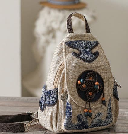image-Retro Style Artistic Crafts Woven Pouch Leisure And Convenient Dual-use Canvas Chest Bag Multi-zipper
