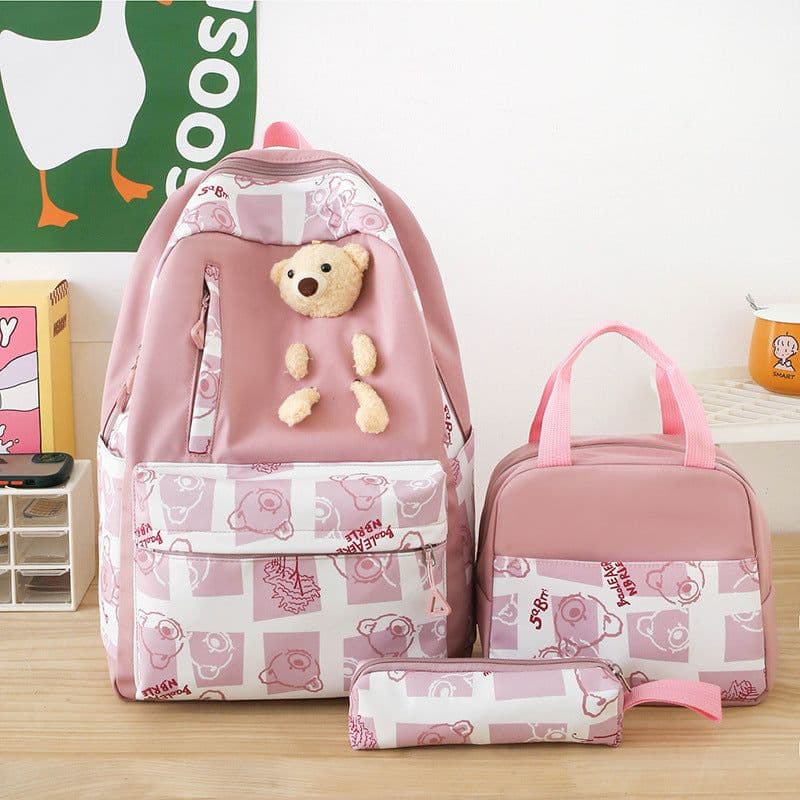 image-Elementary And Middle School Student Schoolbags Women's Cute Bear Lunch Box Three-piece Set