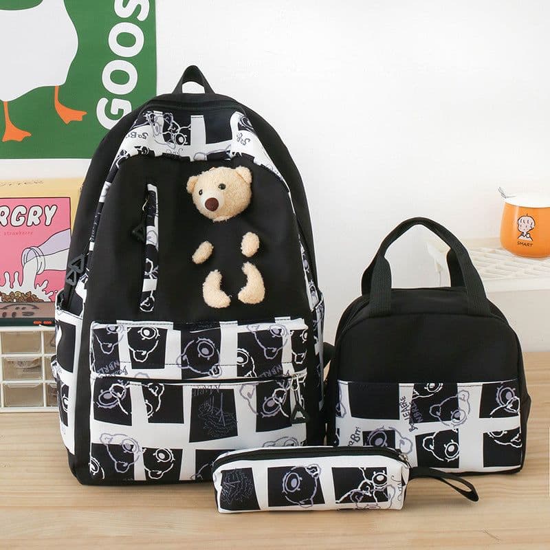 image-Elementary And Middle School Student Schoolbags Women's Cute Bear Lunch Box Three-piece Set
